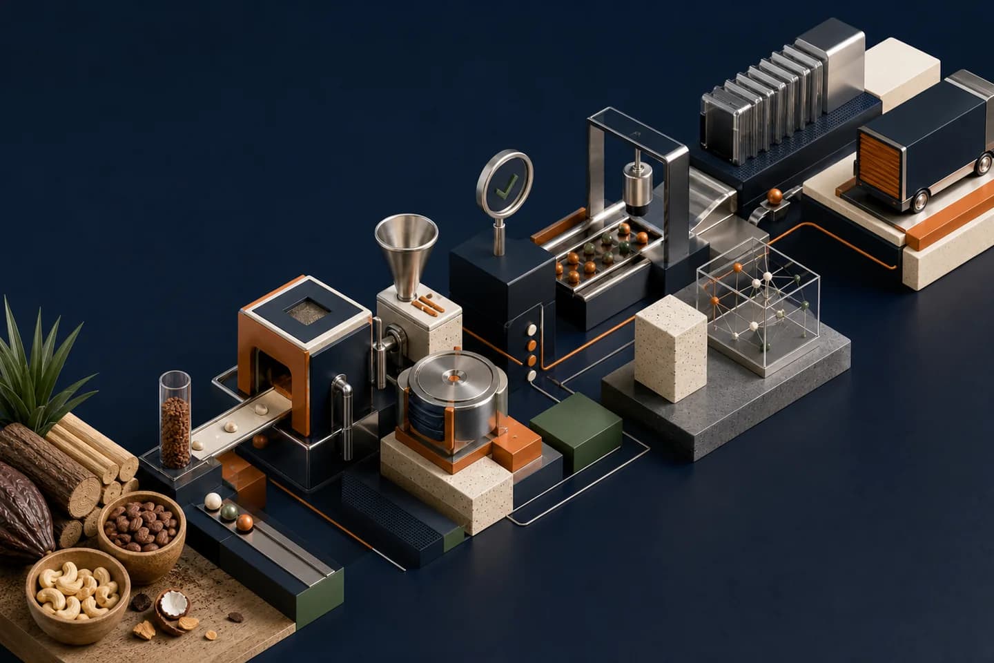 Illustration conceptuelle d’une chaîne de production allant des intrants au contrôle qualité et à la distribution